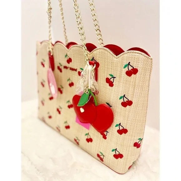 Betsey Johnson Cherry Print Straw Tote Bag Red Scalloped Top Chain Straps Charm - Picture 2 of 10
